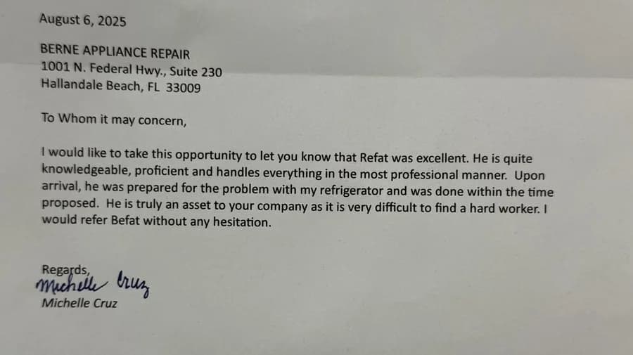 Hand-signed thank-you letter from a Cooper City customer praising a Berne technician after a refrigerator repair