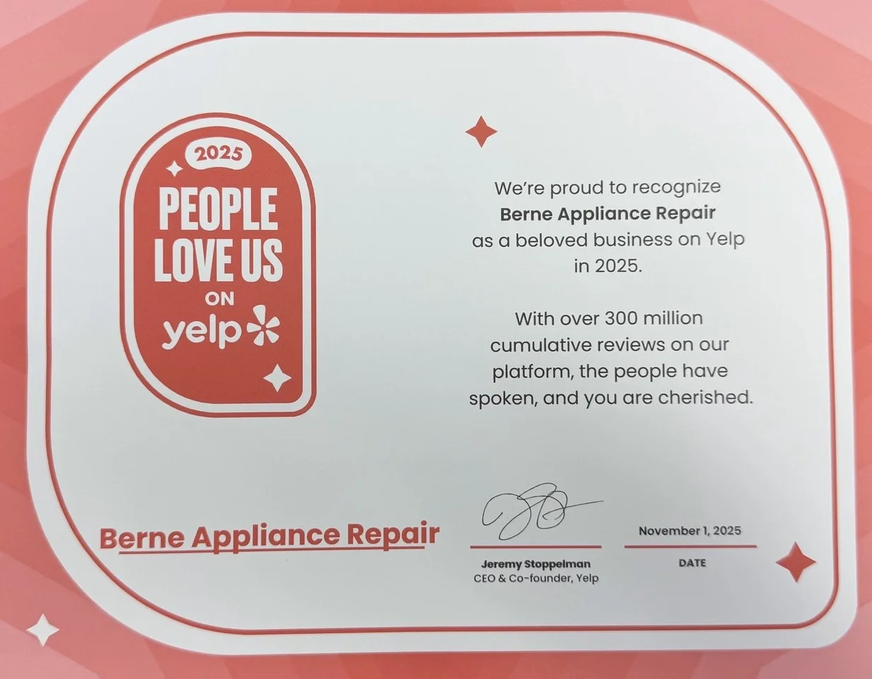 People Love Us on Yelp 2025 certificate awarded to Berne Appliance Repair, signed by Yelp CEO Jeremy Stoppelman
