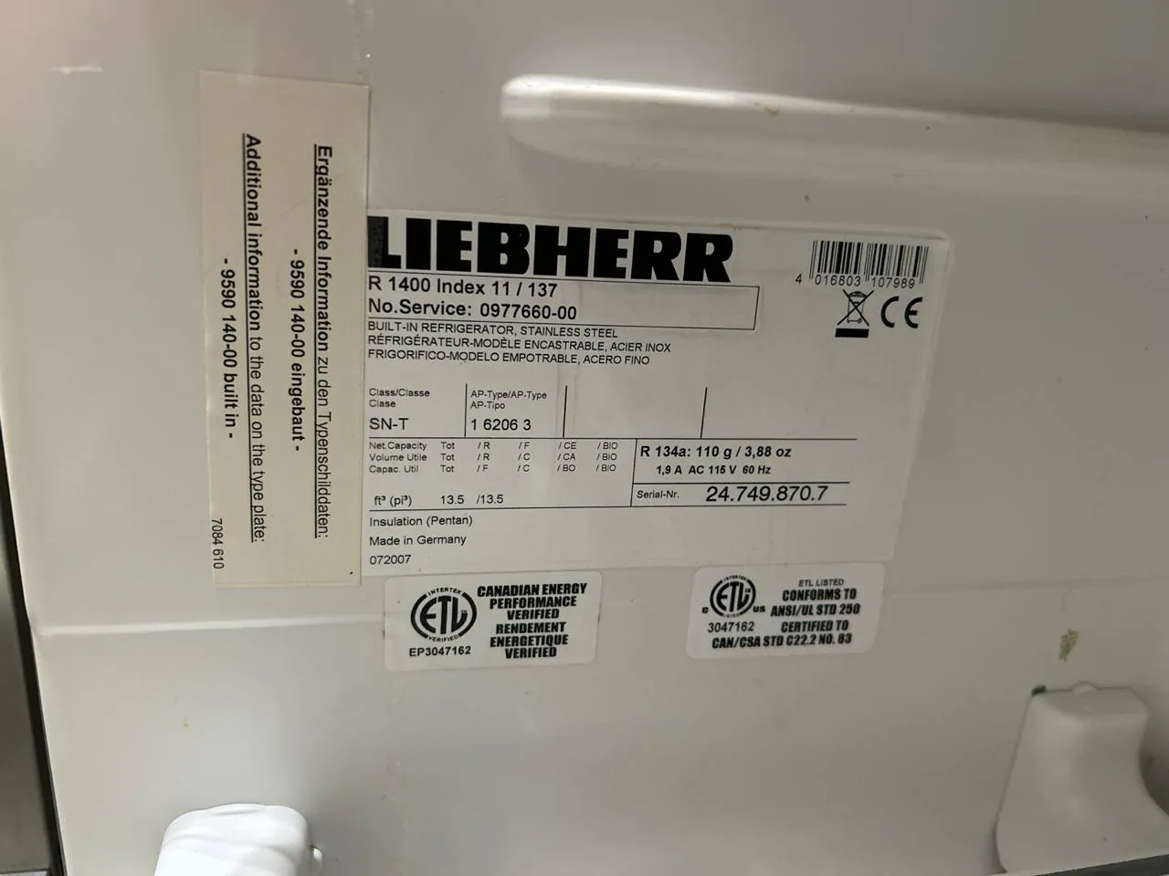 A close-up of a Liebherr refrigerator data plate
