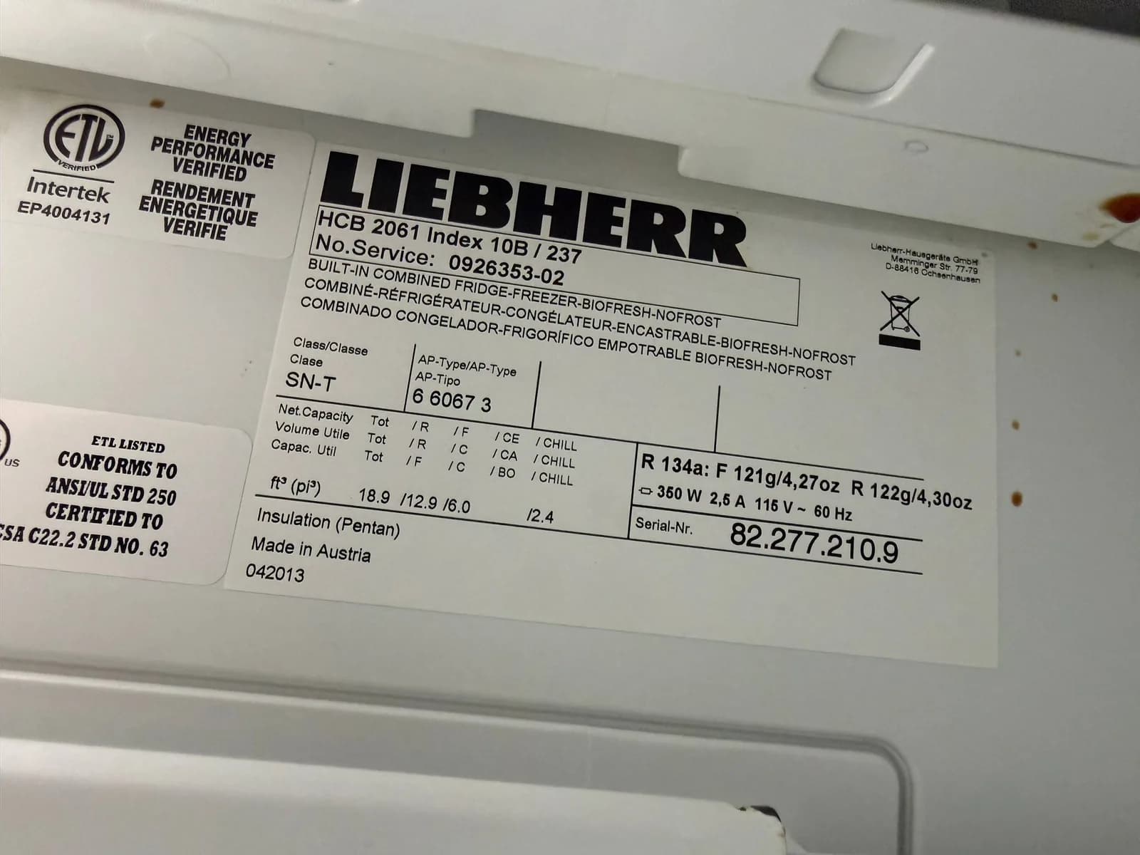 A clear, well-lit a Liebherr refrigerator's technical label