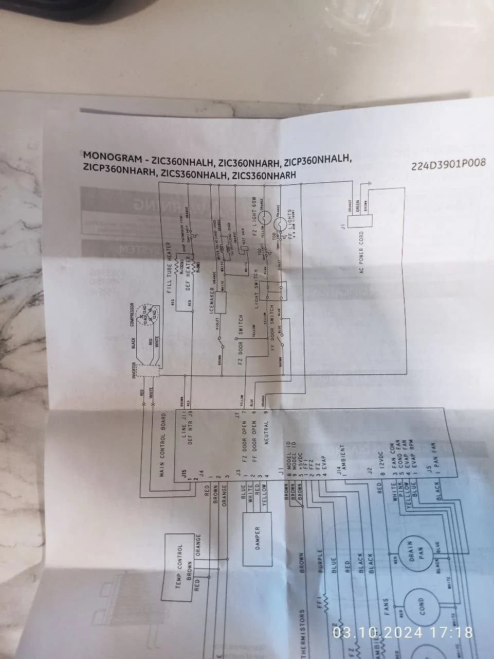 GE Monogram refrigerator service: a wiring diagram for a Monogram refrigerator